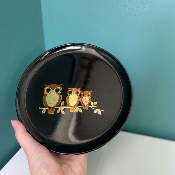 STUNNING Vintage MCM Owl Family of 3 on Branch Gold Display Plate Made in Japan - Picture 3 of 10